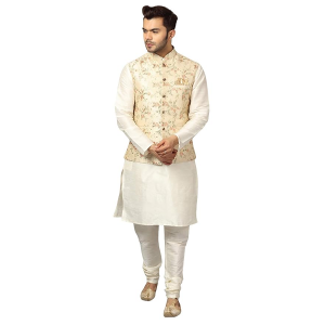 Men's Silk Blend Kurta Pyjama with Stylish Embroidered Ethnic Jacket