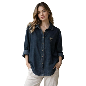 Women's Effortless Denim Charm: Classic Button-Down Shirt with Minimal Bow Detail