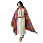 Women's Cotton Chikankari Print Straight Kurti with Pant andMulmul Dupatta Set