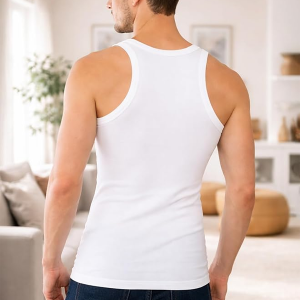 Men's White Round Neck Sleeveless Cotton Vest