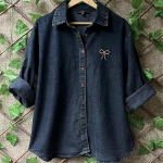 Women's Effortless Denim Charm: Classic Button-Down Shirt with Minimal Bow Detail