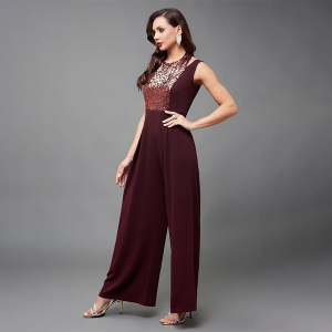 Women's Halter Neck Sleeveless Solid Pleated/Wide Leg Sequin Panelled Regular Length Jumpsuit
