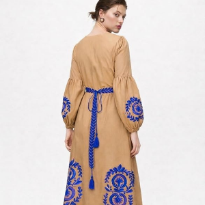 Women's Long Boho Dress, Wood Brown, Poplin