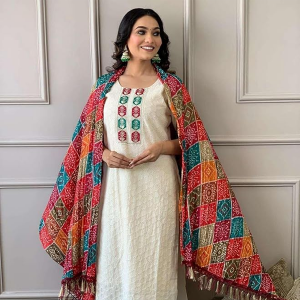 Women's Cotton Chikankari Print Straight Kurti with Pant andMulmul Dupatta Set