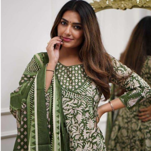 Women's Cotton Floral Printed Anarkali Kurti with Pant and Mulmul Dupatta Set