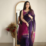 Printed Banarasi Cotton Silk Saree with Gold Zari Border & Unstitched Blouse Piece