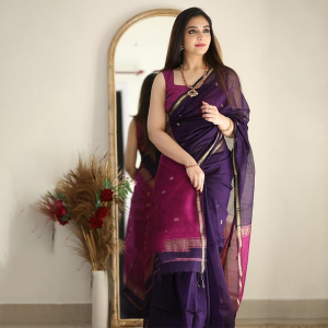 Printed Banarasi Cotton Silk Saree with Gold Zari Border & Unstitched Blouse Piece