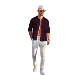 Men's Casual Button Down Shirts Long Sleeve Linen Shirt Fashion Textured Beach Summer Shirt