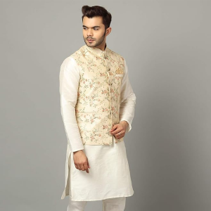 Men's Silk Blend Kurta Pyjama with Stylish Embroidered Ethnic Jacket