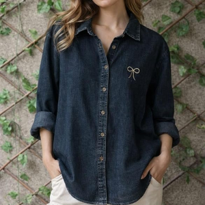 Women's Effortless Denim Charm: Classic Button-Down Shirt with Minimal Bow Detail