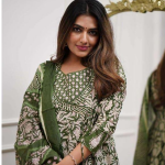 Women's Cotton Floral Printed Anarkali Kurti with Pant and Mulmul Dupatta Set