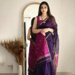 Printed Banarasi Cotton Silk Saree with Gold Zari Border & Unstitched Blouse Piece