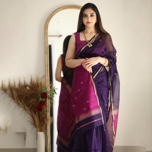 Printed Banarasi Cotton Silk Saree with Gold Zari Border & Unstitched Blouse Piece