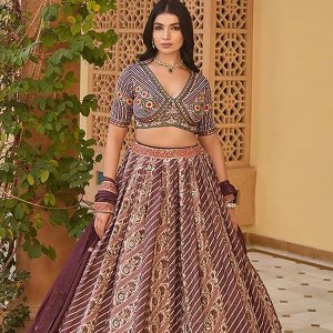 Women's Cream and Purple Tissue Designer Lehenga
