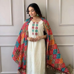 Women's Cotton Chikankari Print Straight Kurti with Pant andMulmul Dupatta Set