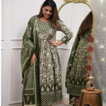 Women's Cotton Floral Printed Anarkali Kurti with Pant and Mulmul Dupatta Set