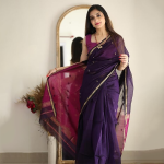 Printed Banarasi Cotton Silk Saree with Gold Zari Border & Unstitched Blouse Piece