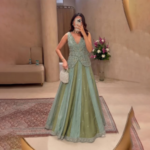 Indo-Western Lehenga Choli for Women | Crepe Silk Multi-Panel Flared Skirt with Fully Stitched V-Neck