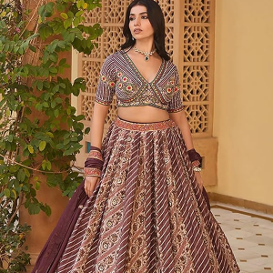Women's Cream and Purple Tissue Designer Lehenga