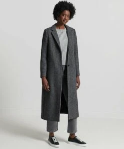 SUPERDRY Quilt Wool Crombie Coat Tar Herringbone