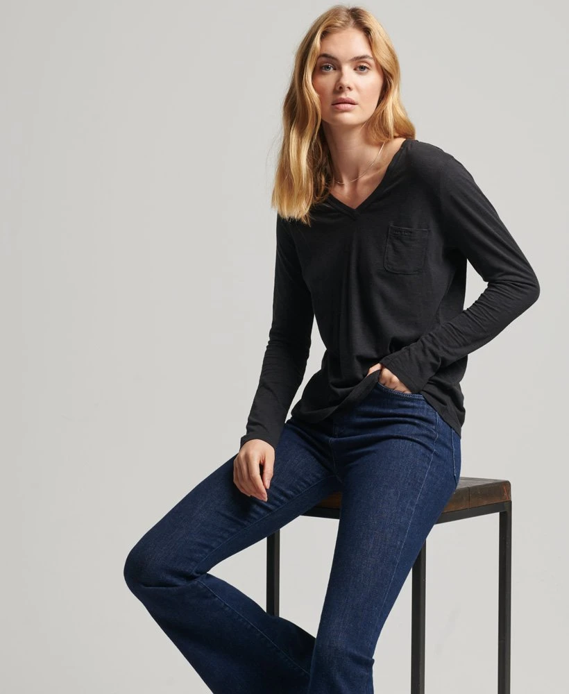 SUPERDRY Organic Cotton Long Sleeve Pocket V-Neck Top Eclipse Navy 2 SUPERDRY Organic Cotton Long Sleeve Pocket V-Neck Top Eclipse Navy - Image 2