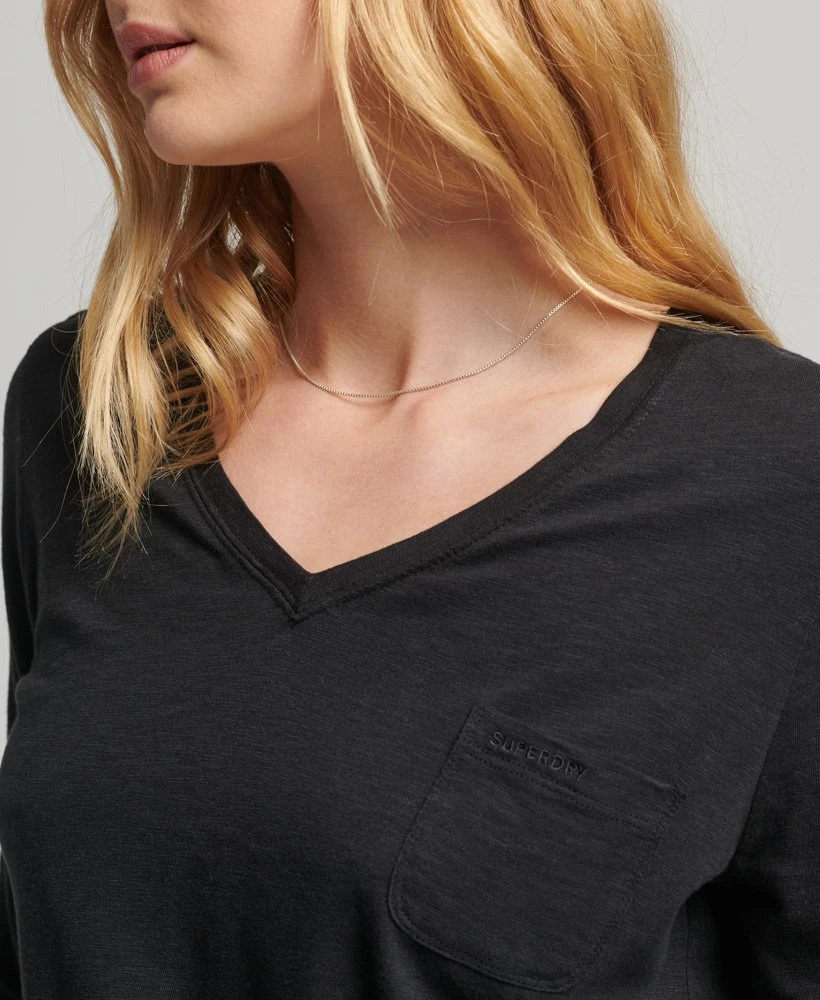 SUPERDRY Organic Cotton Long Sleeve Pocket V-Neck Top Eclipse Navy 3 SUPERDRY Organic Cotton Long Sleeve Pocket V-Neck Top Eclipse Navy - Image 3