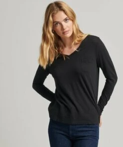 SUPERDRY Organic Cotton Long Sleeve Pocket V-Neck Top Black -Superdry Studios upload9223368955665980365 3