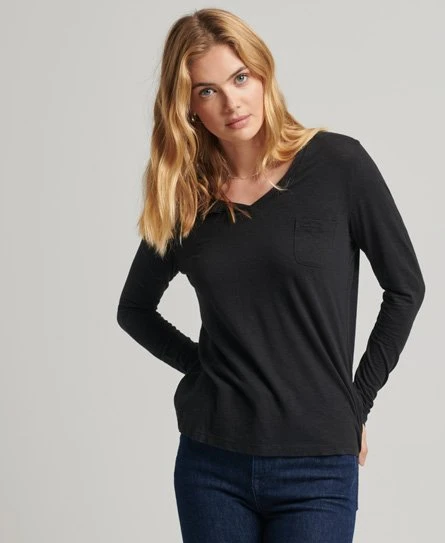 SUPERDRY Organic Cotton Long Sleeve Pocket V-Neck Top Eclipse Navy 6 SUPERDRY Organic Cotton Long Sleeve Pocket V-Neck Top Eclipse Navy - Image 6